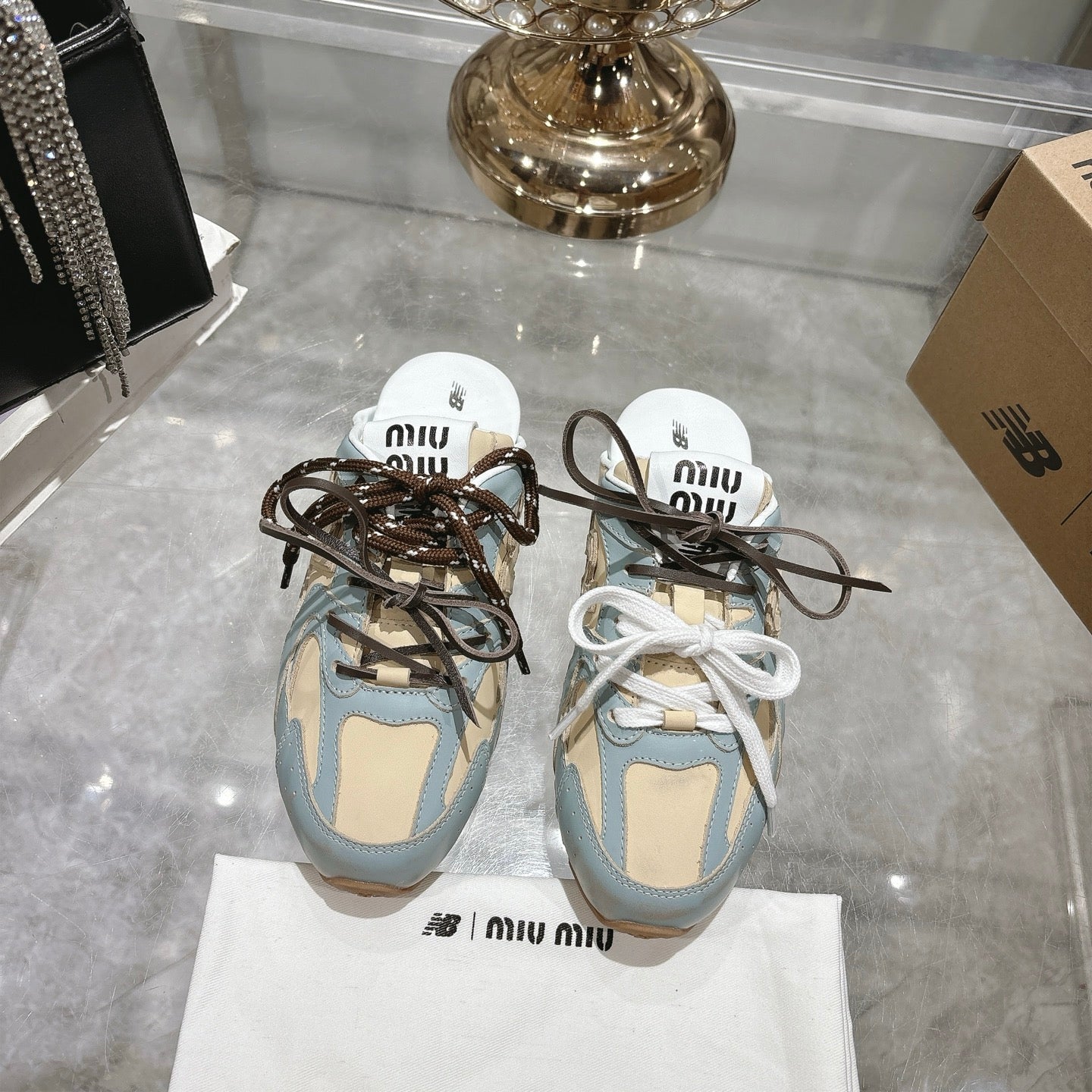 Miu x NB 530 SL Deco Mules Baby Blue mix Beige Leather 235297