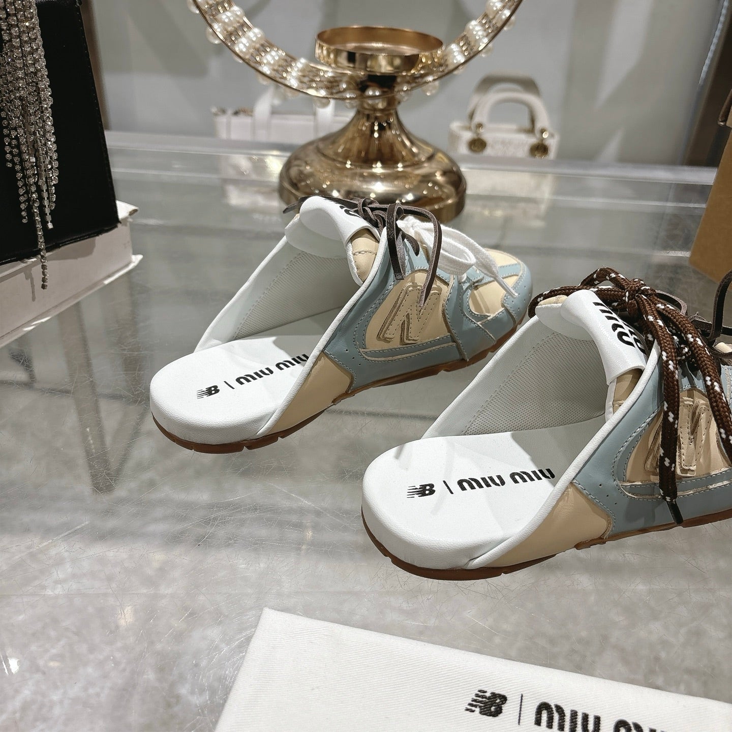 Miu x NB 530 SL Deco Mules Baby Blue mix Beige Leather 235297