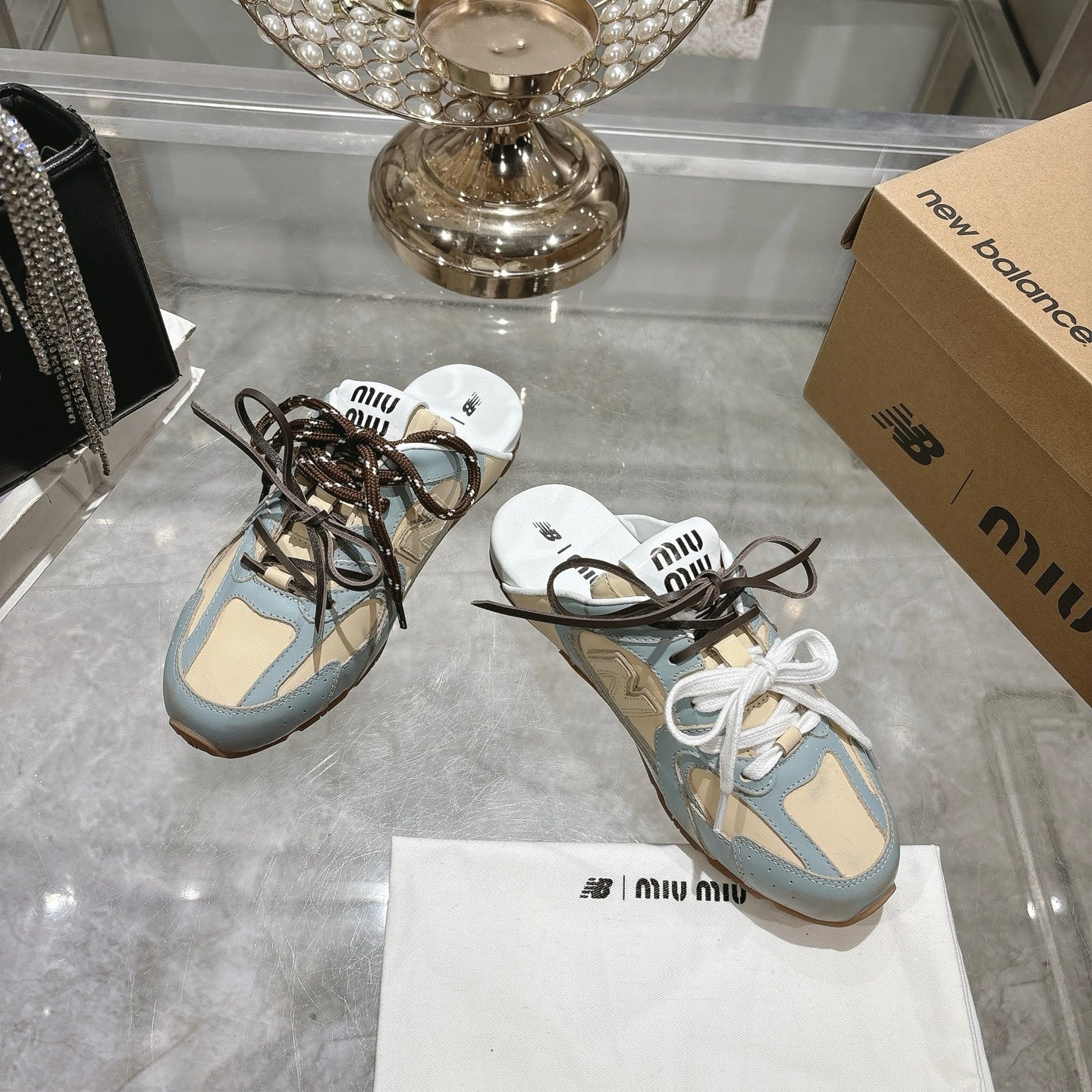 Miu x NB 530 SL Deco Mules Baby Blue mix Beige Leather 235297