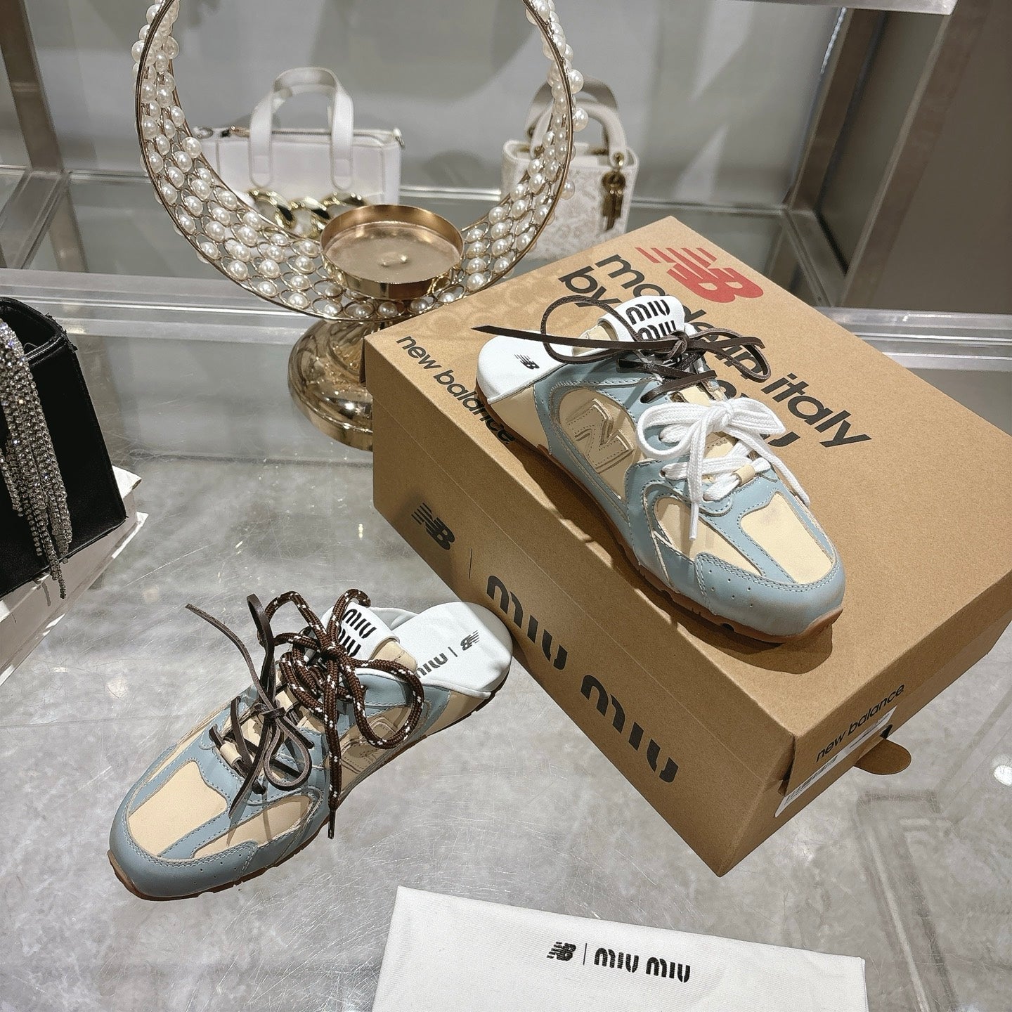 Miu x NB 530 SL Deco Mules Baby Blue mix Beige Leather 235297