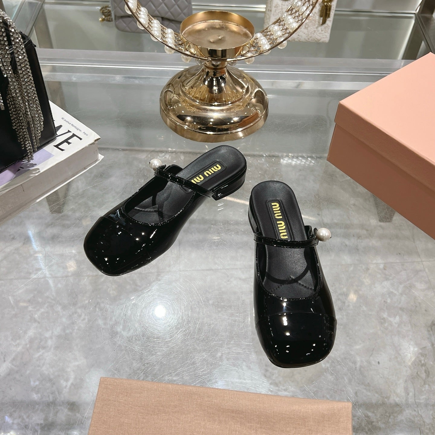 Miu 25C Flat Mule Black Patent Leather 235307
