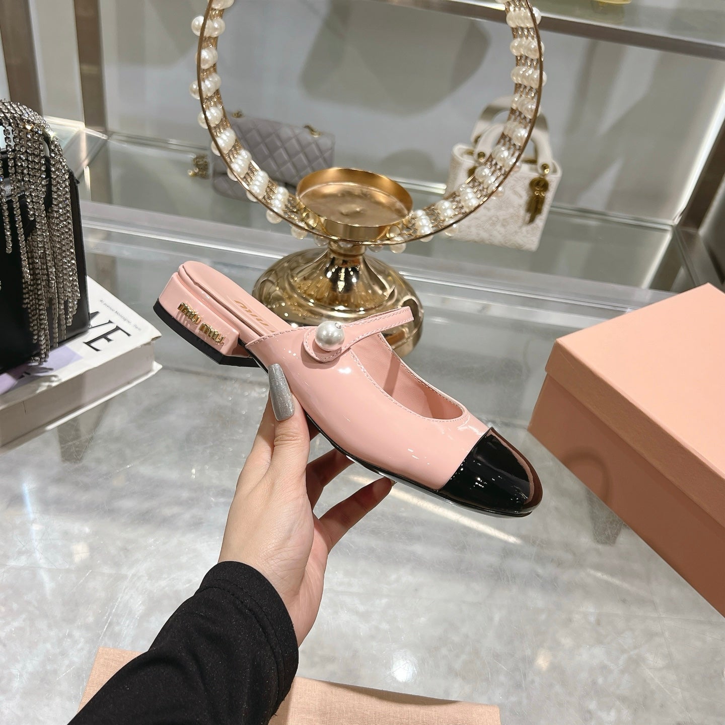 Miu 25C Flat Mule Pink Pastel Patent Leather 235309