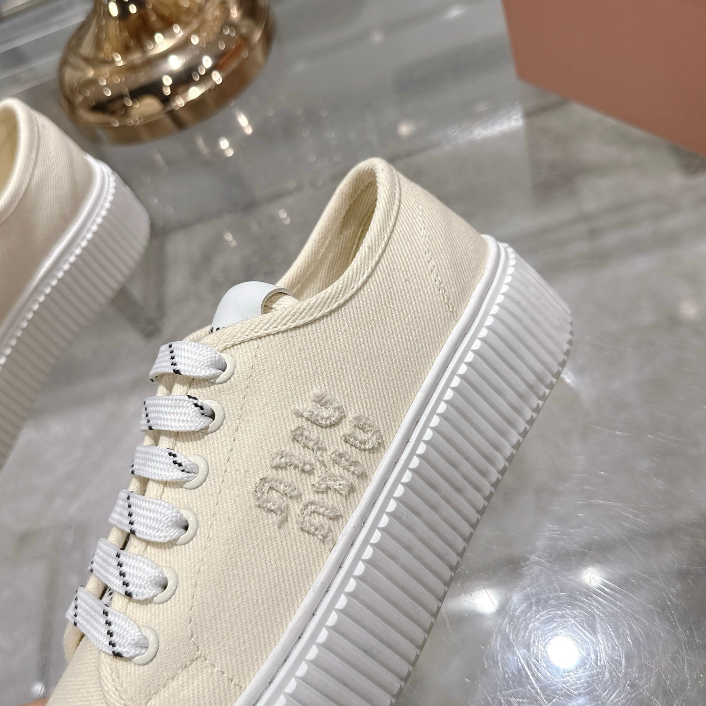 Miu Sneaker with Logo Ivory Demin Fabric 235310