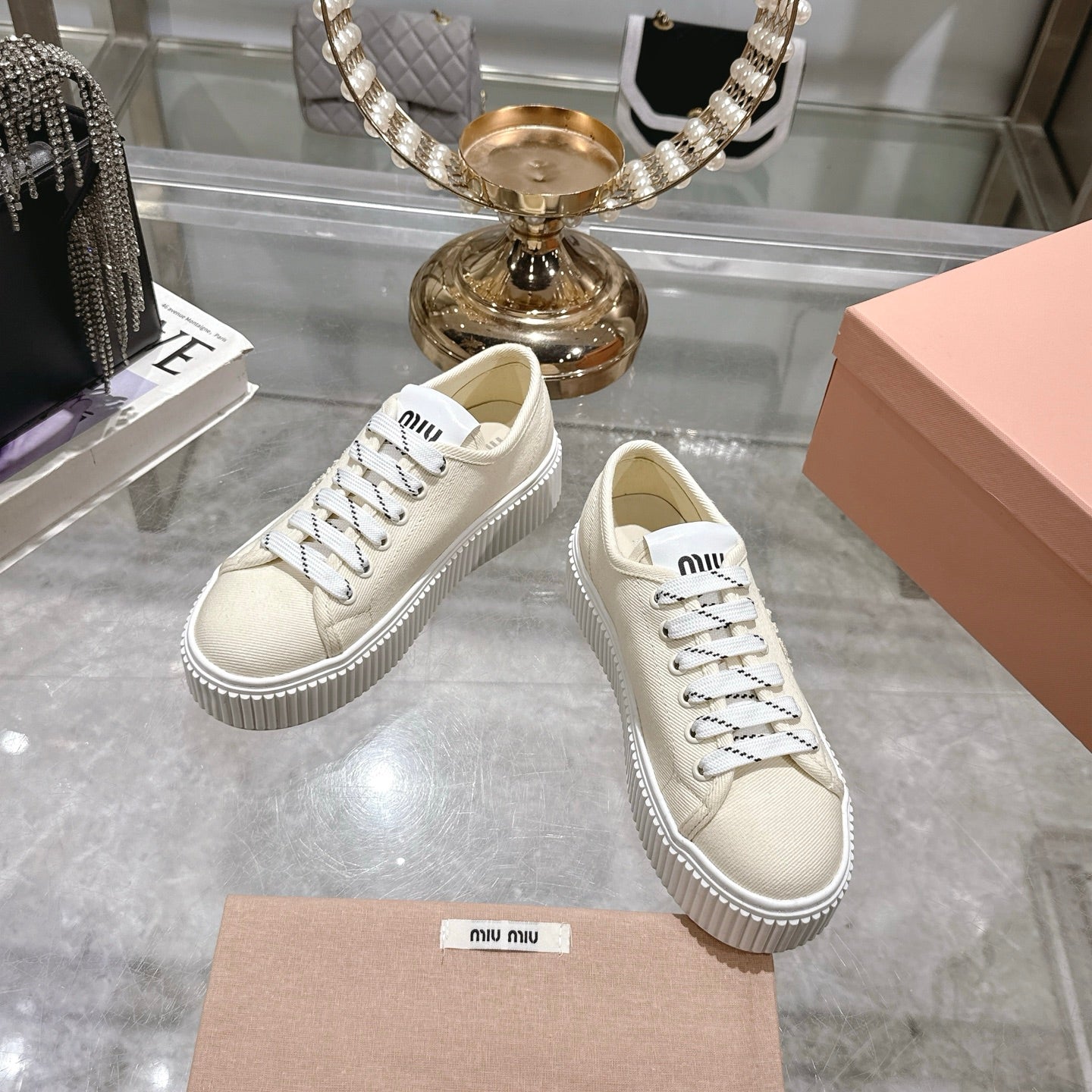 Miu Sneaker with Logo Ivory Demin Fabric 235310