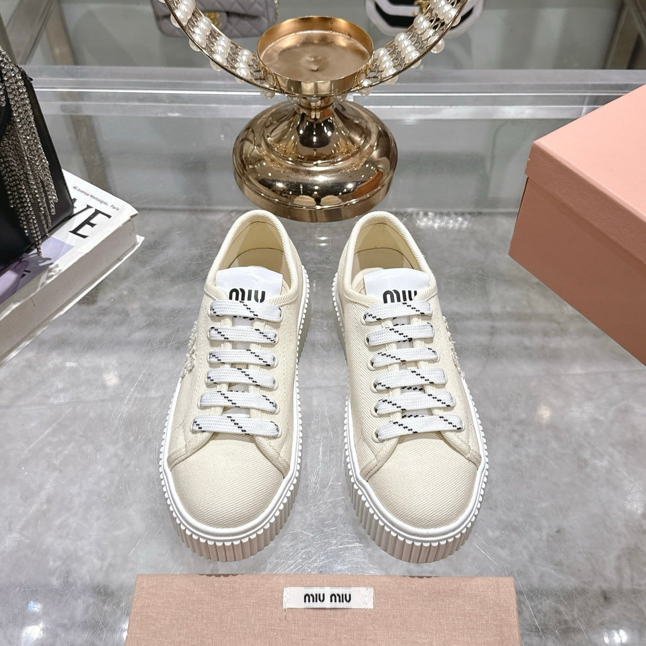 Miu Sneaker with Logo Ivory Demin Fabric 235310