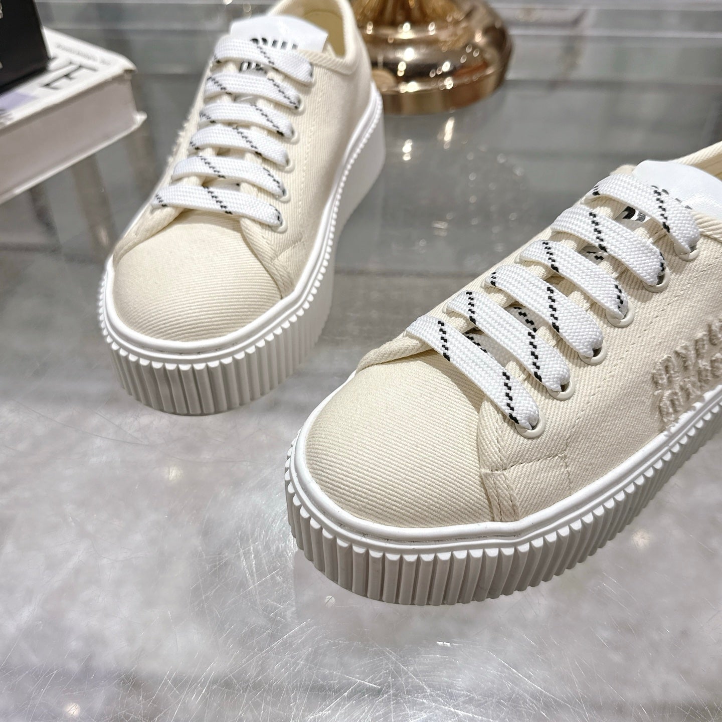 Miu Sneaker with Logo Ivory Demin Fabric 235310