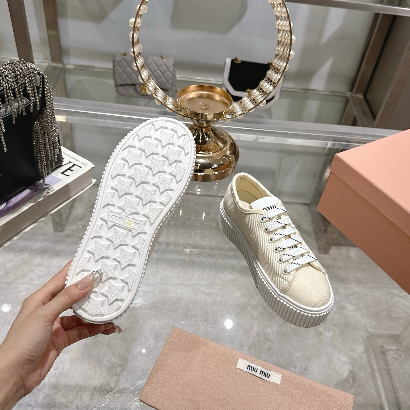 Miu Sneaker with Logo Ivory Demin Fabric 235310