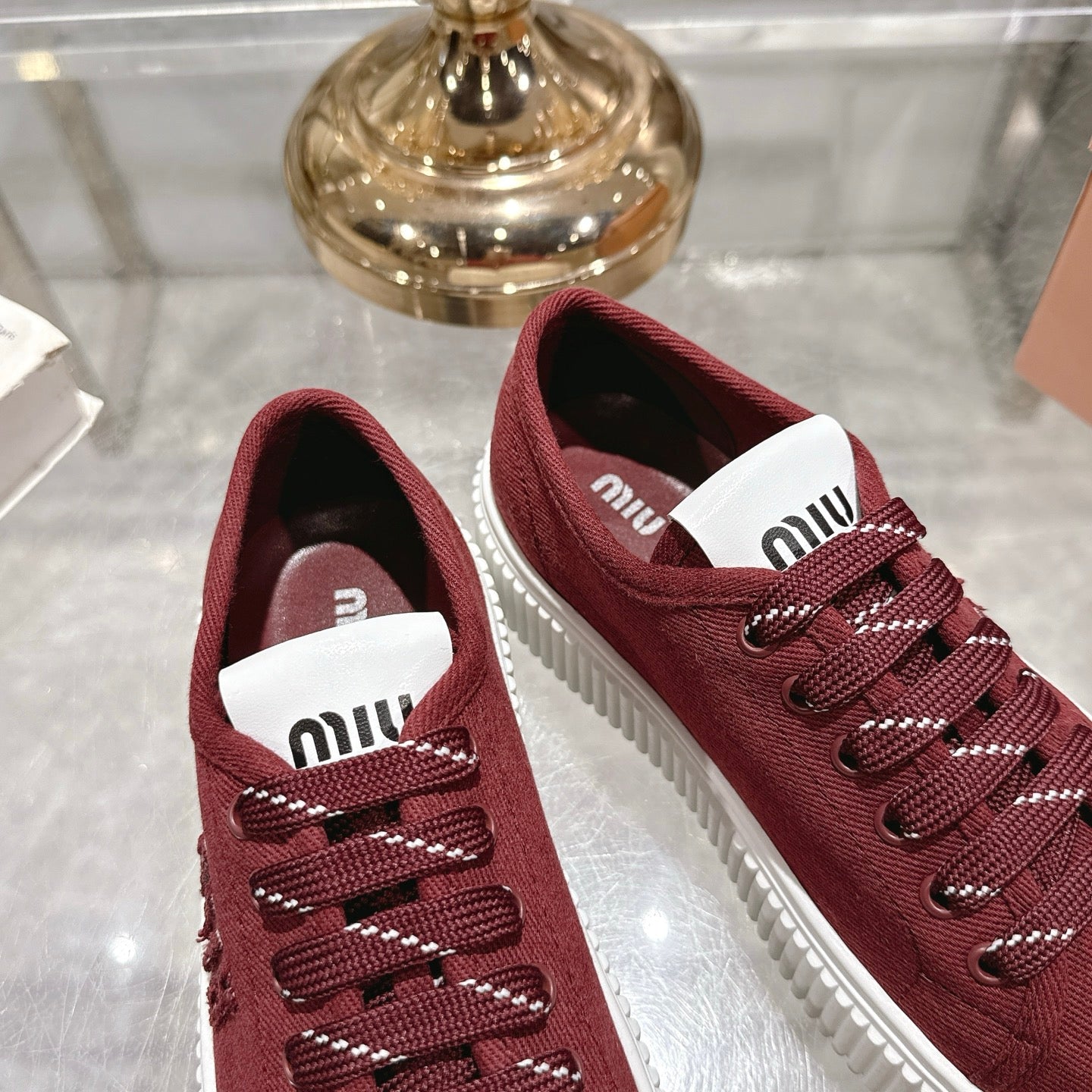 Miu Sneaker with Logo Maroon Red Demin Fabric 235311
