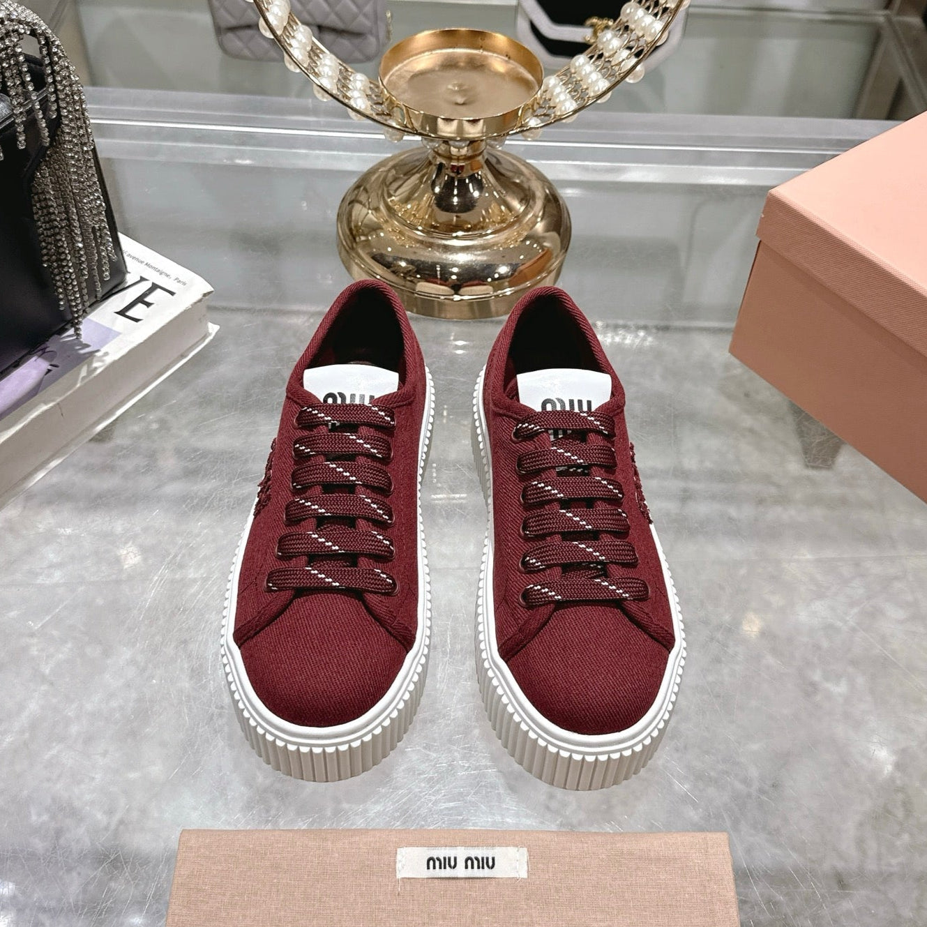 Miu Sneaker with Logo Maroon Red Demin Fabric 235311