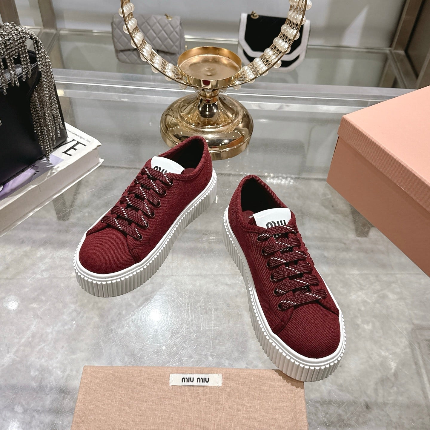Miu Sneaker with Logo Maroon Red Demin Fabric 235311