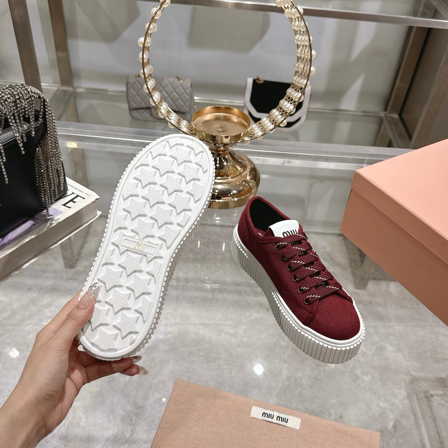 Miu Sneaker with Logo Maroon Red Demin Fabric 235311