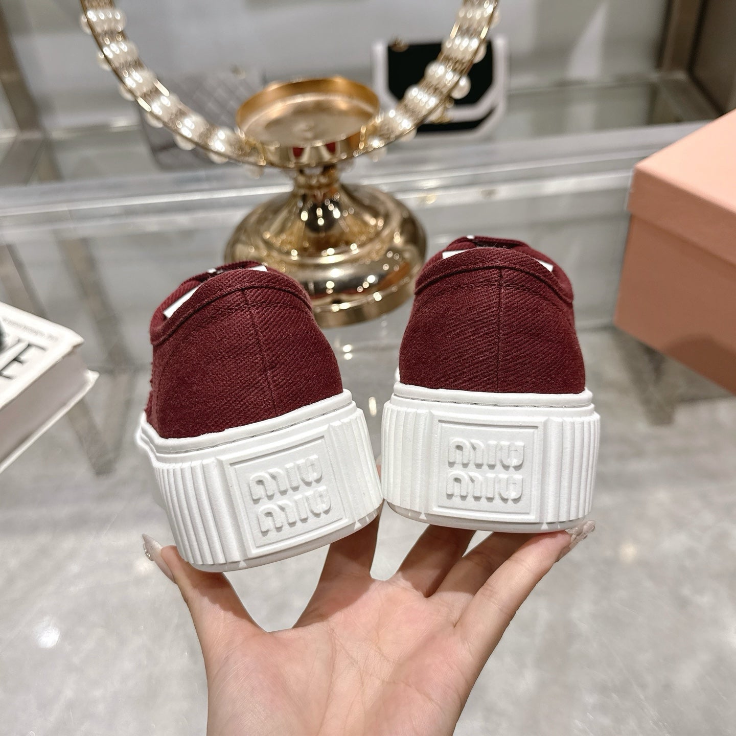 Miu Sneaker with Logo Maroon Red Demin Fabric 235311