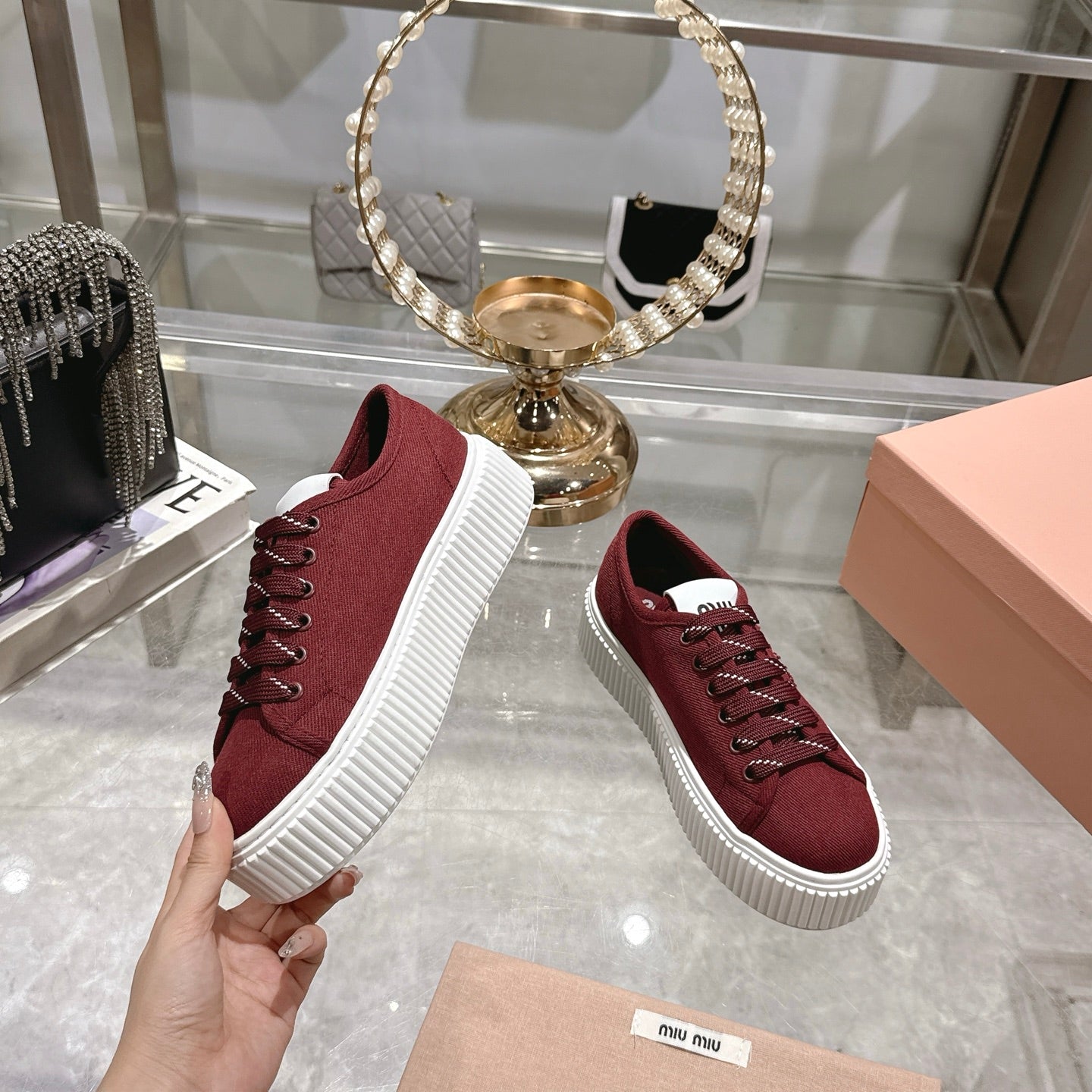 Miu Sneaker with Logo Maroon Red Demin Fabric 235311
