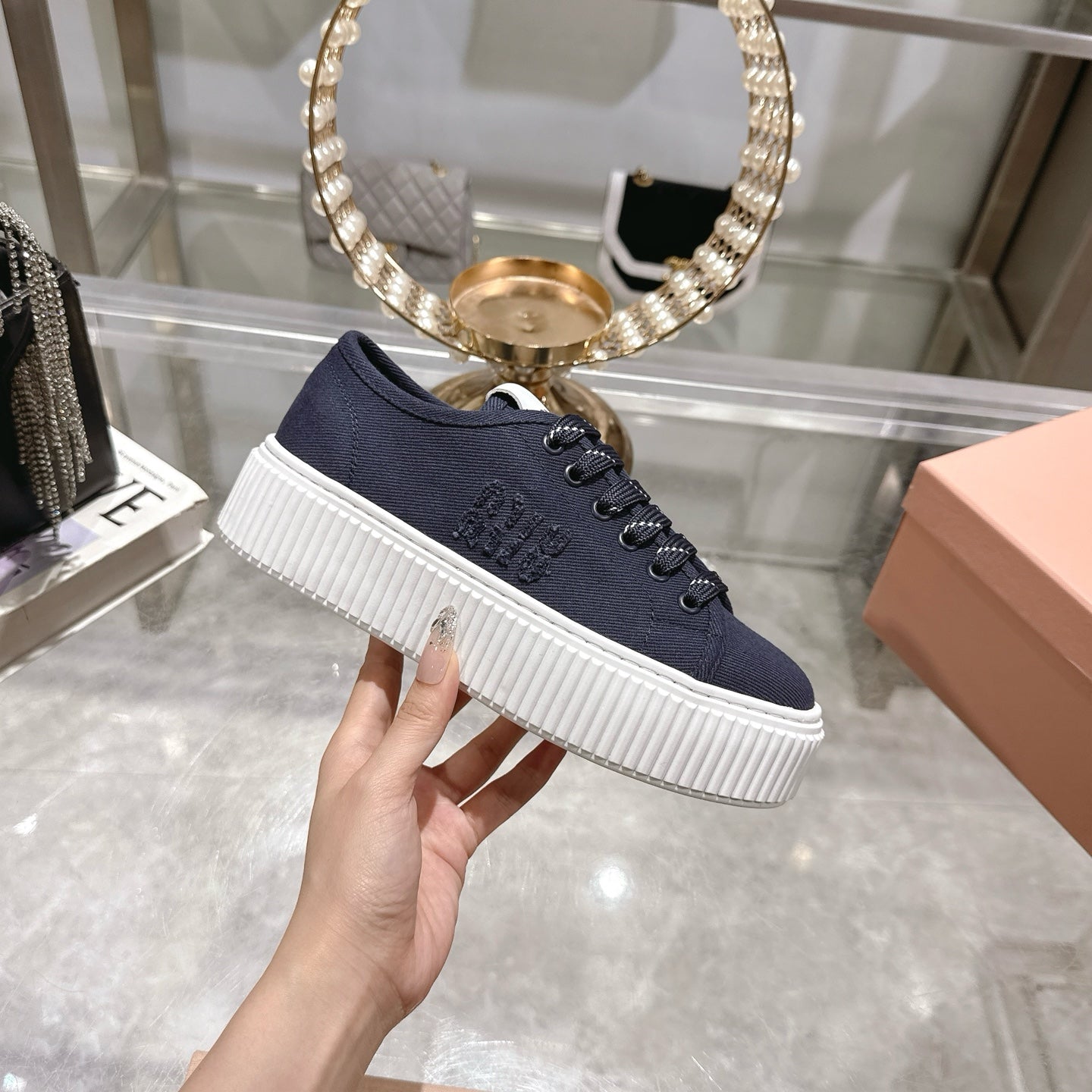 Miu Sneaker with Logo Night Blue Demin Fabric 235312
