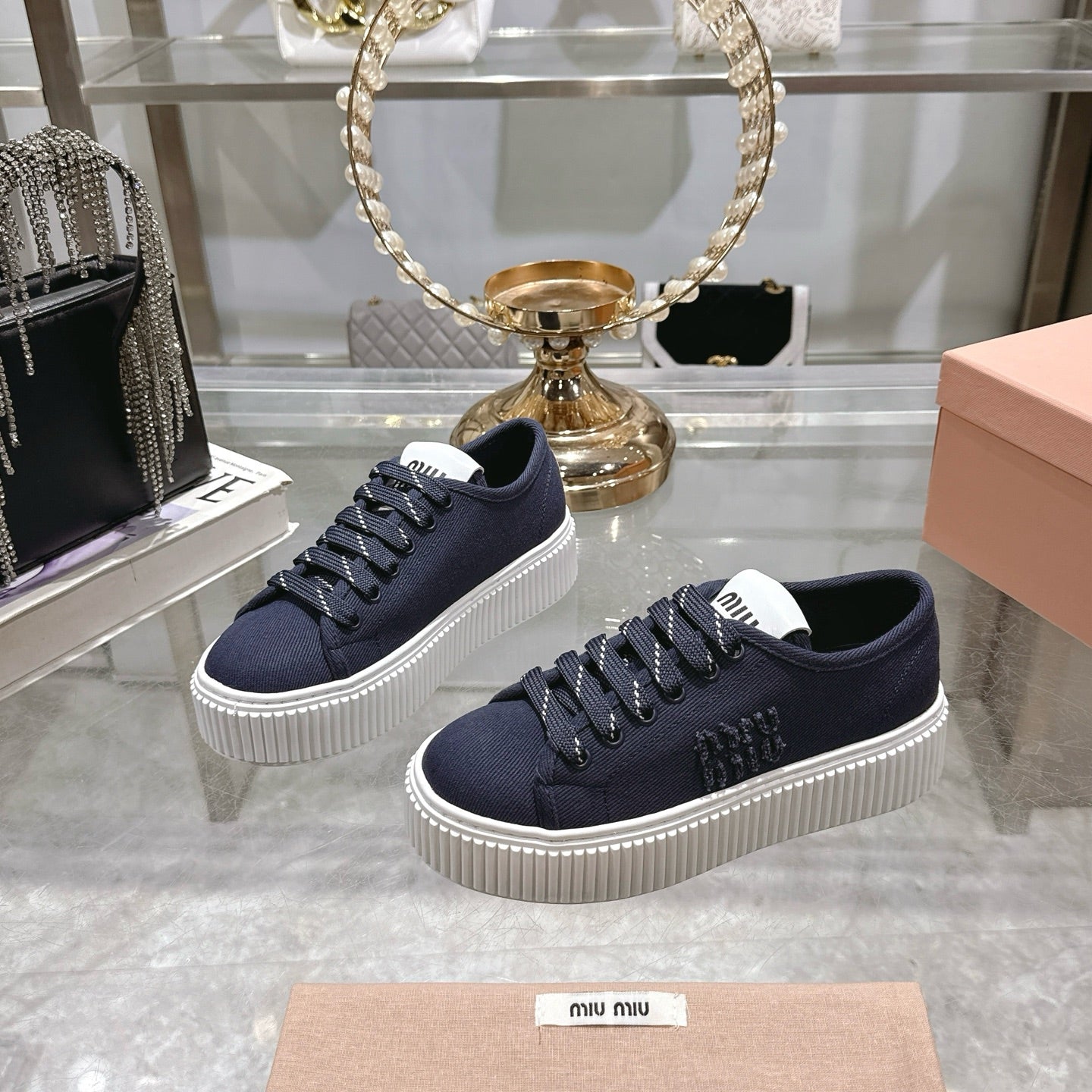 Miu Sneaker with Logo Night Blue Demin Fabric 235312