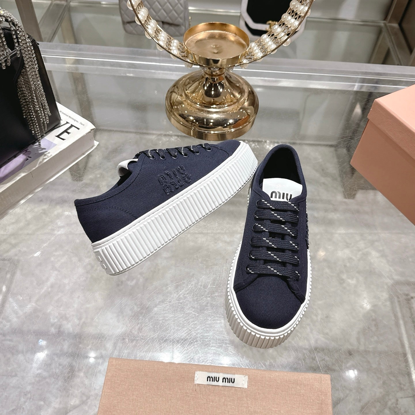 Miu Sneaker with Logo Night Blue Demin Fabric 235312