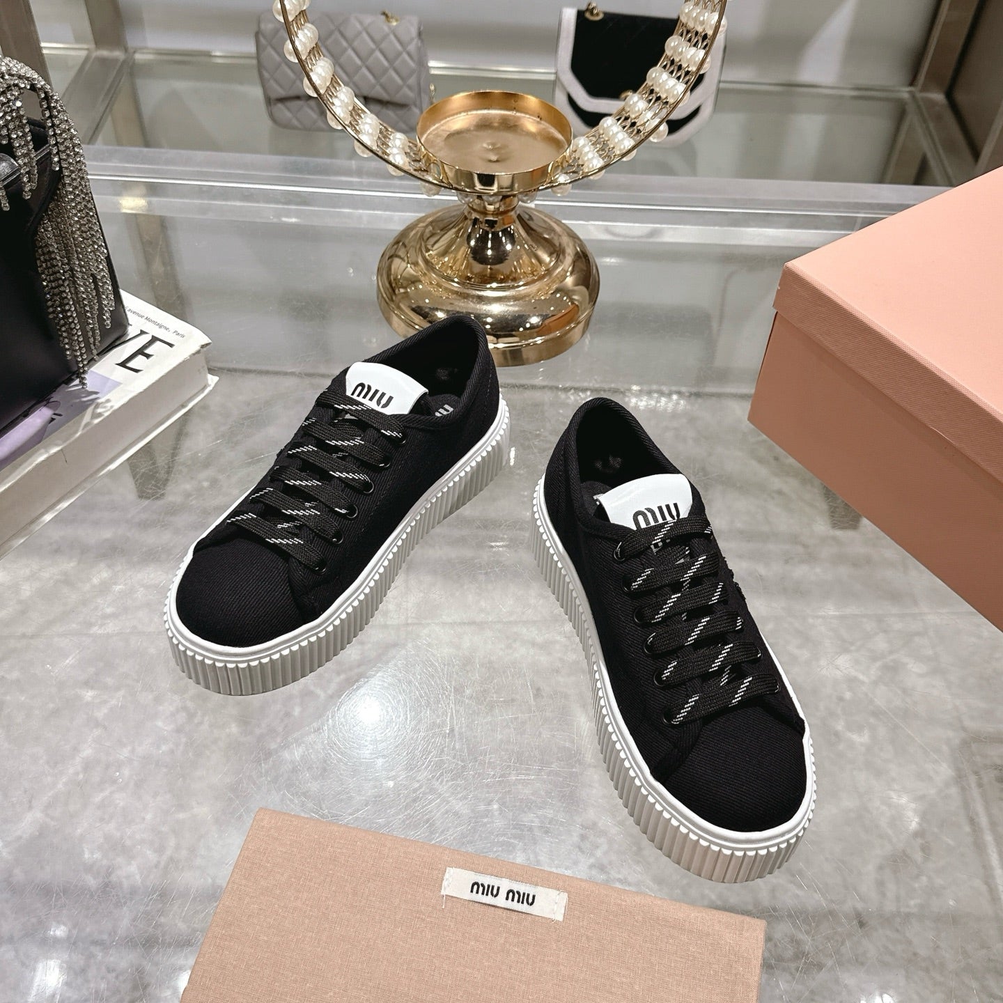 Miu Sneaker with Logo Black Demin Fabric 235313