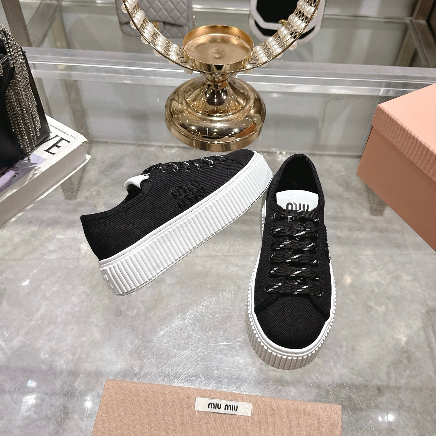 Miu Sneaker with Logo Black Demin Fabric 235313