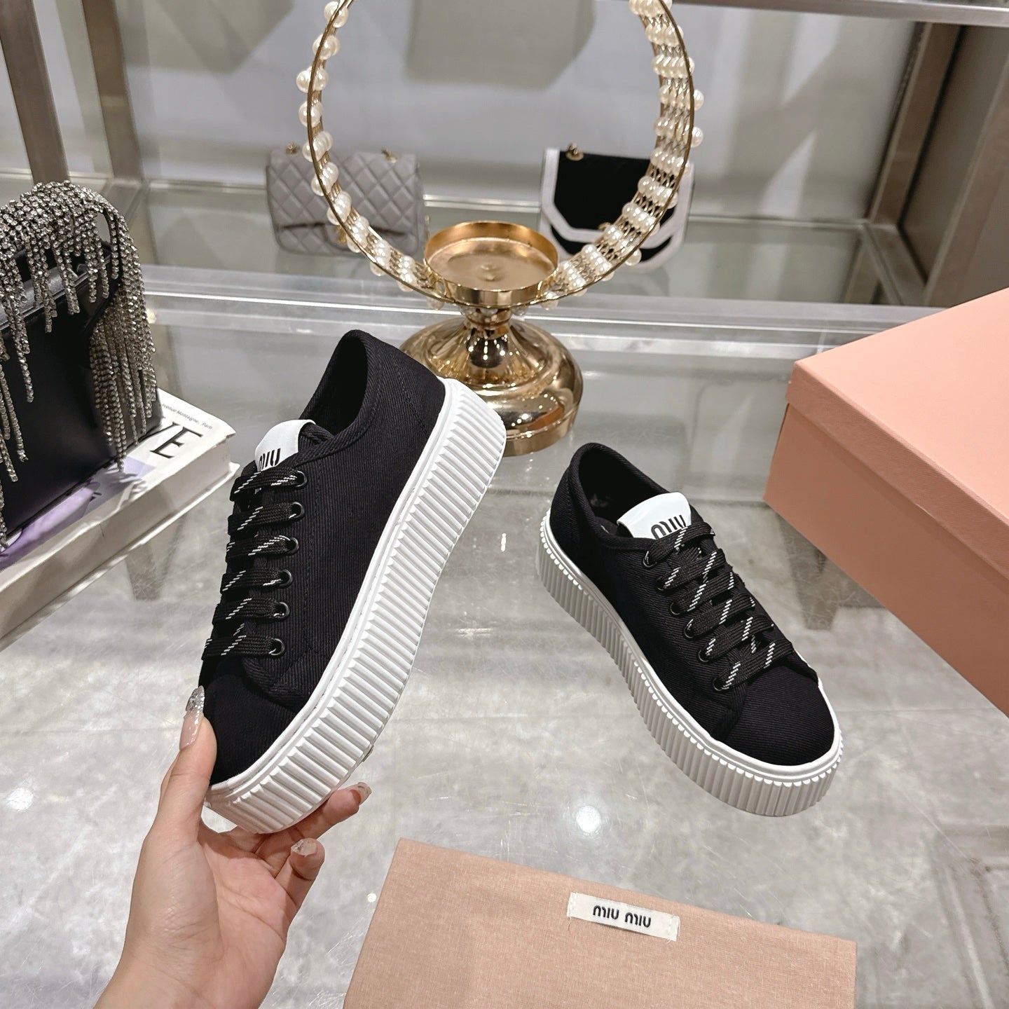 Miu Sneaker with Logo Black Demin Fabric 235313