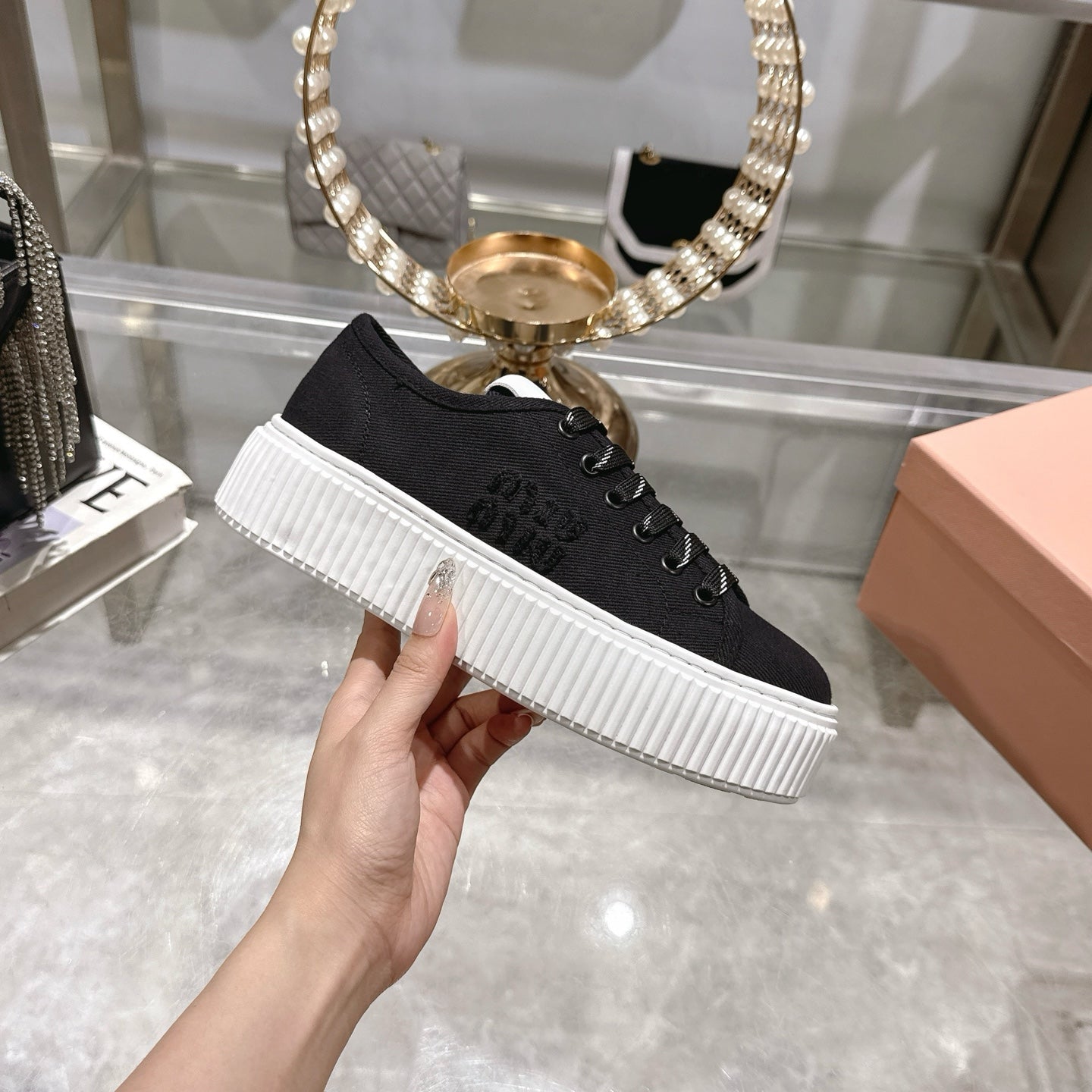 Miu Sneaker with Logo Black Demin Fabric 235313