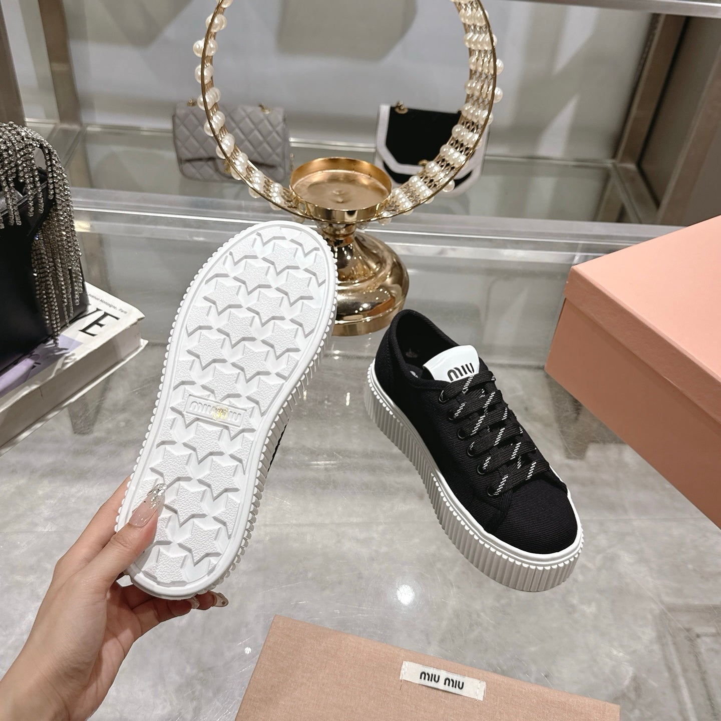 Miu Sneaker with Logo Black Demin Fabric 235313