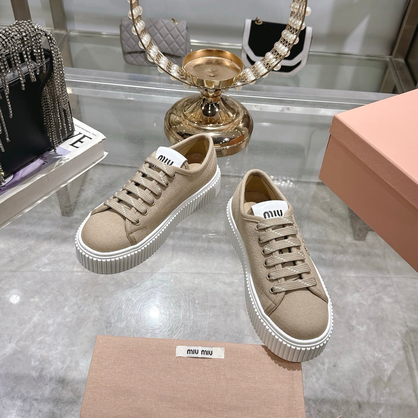 Miu Sneaker with logo Colonial Beige Demin Fabric 235314