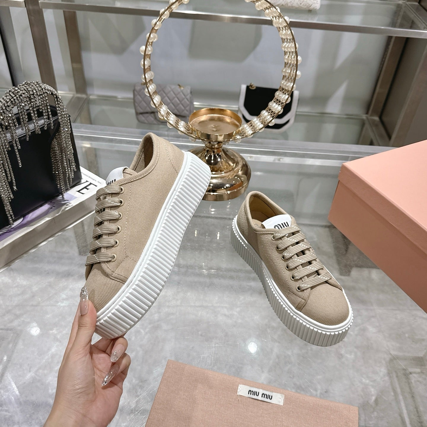 Miu Sneaker with logo Colonial Beige Demin Fabric 235314