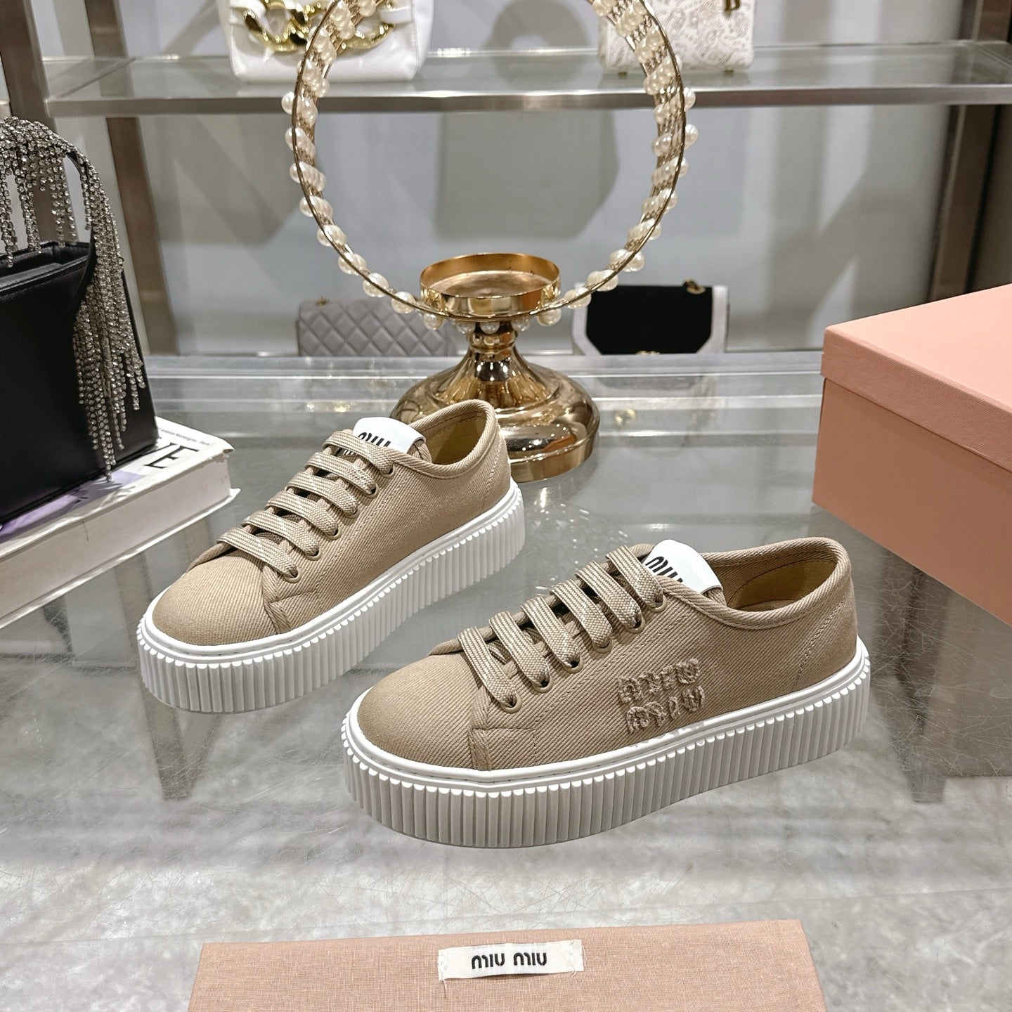 Miu Sneaker with logo Colonial Beige Demin Fabric 235314
