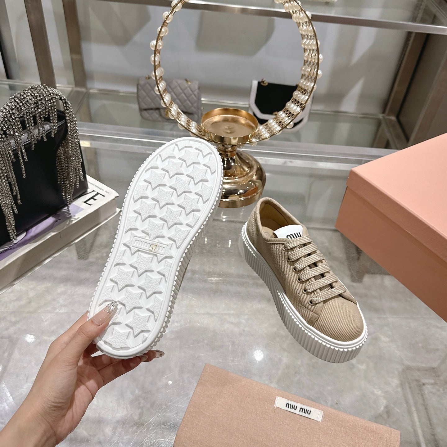 Miu Sneaker with logo Colonial Beige Demin Fabric 235314