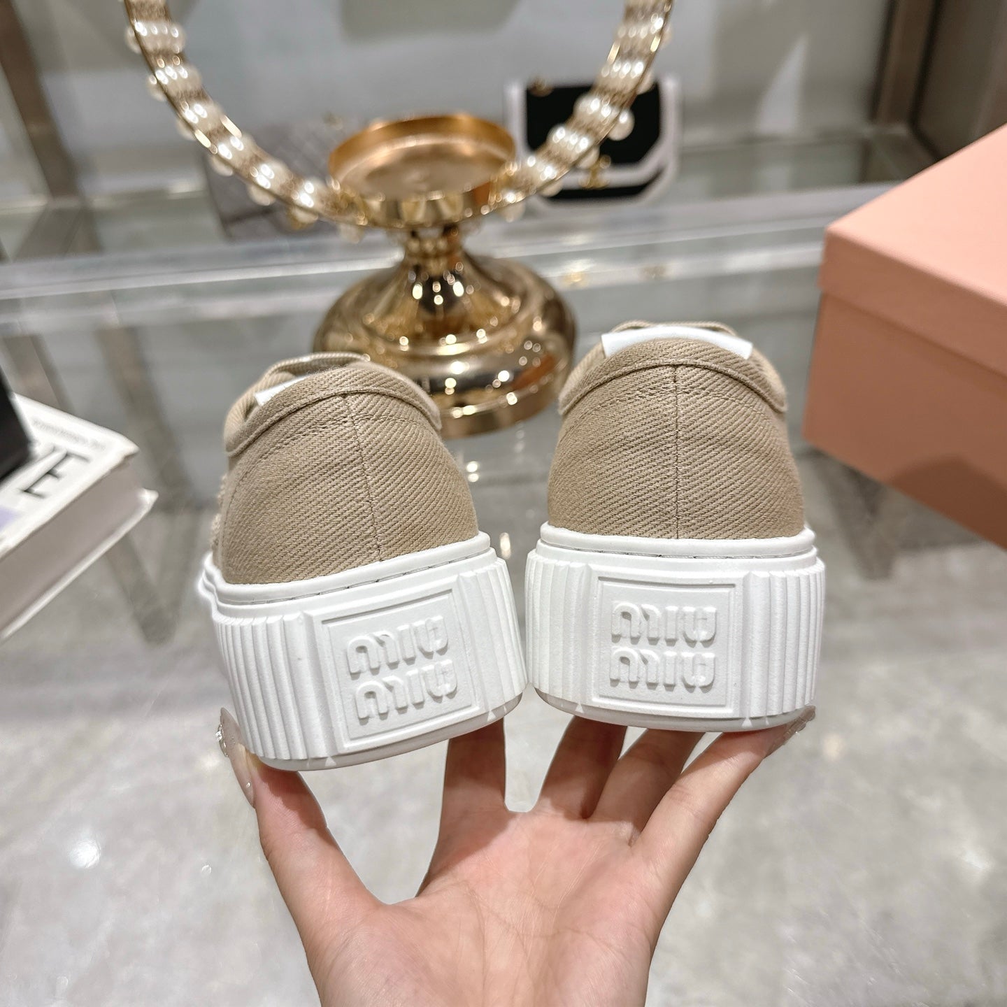 Miu Sneaker with logo Colonial Beige Demin Fabric 235314