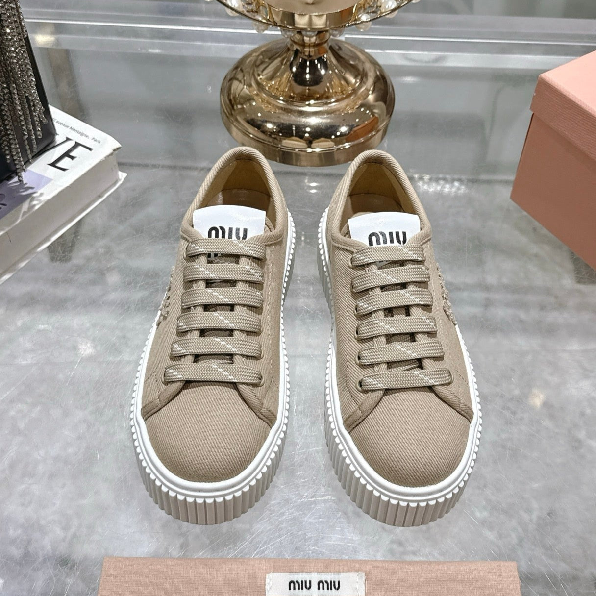 Miu Sneaker with logo Colonial Beige Demin Fabric 235314