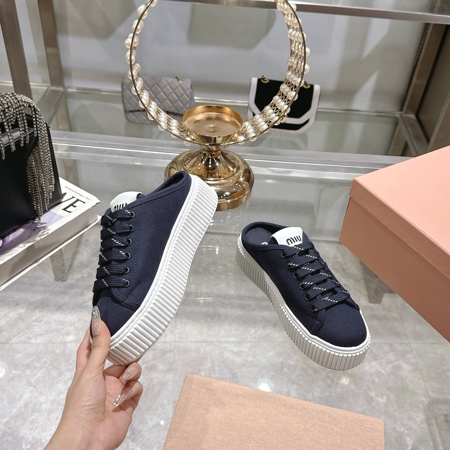 Miu 25C Sneaker Mules Night Blue Demin Fabric 235315