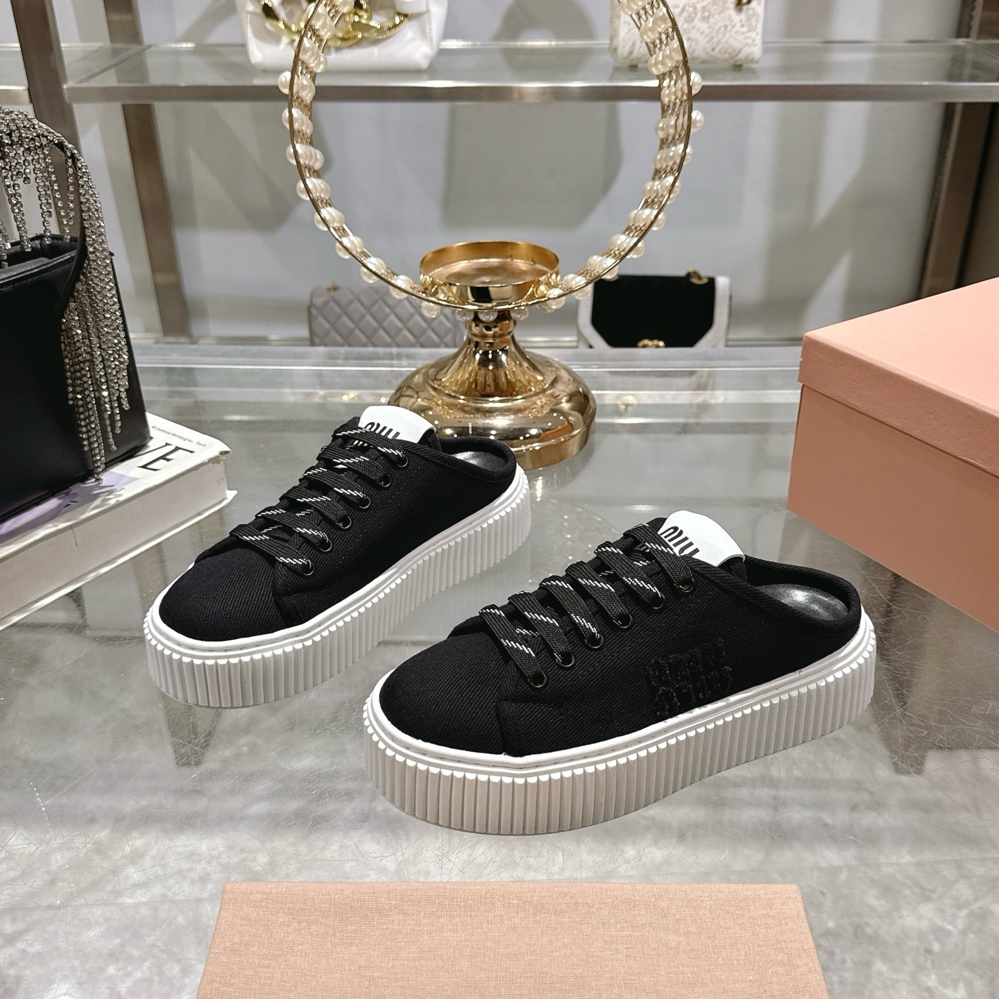 Miu 25C Sneaker Mules Black Demin Fabric 235316