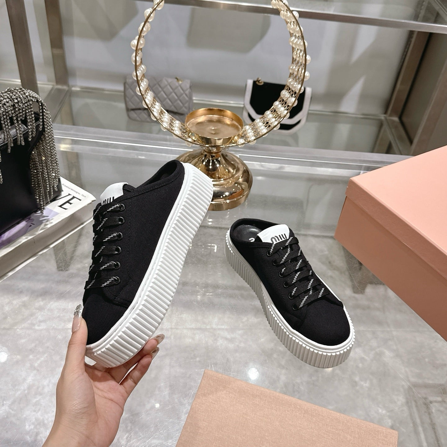 Miu 25C Sneaker Mules Black Demin Fabric 235316