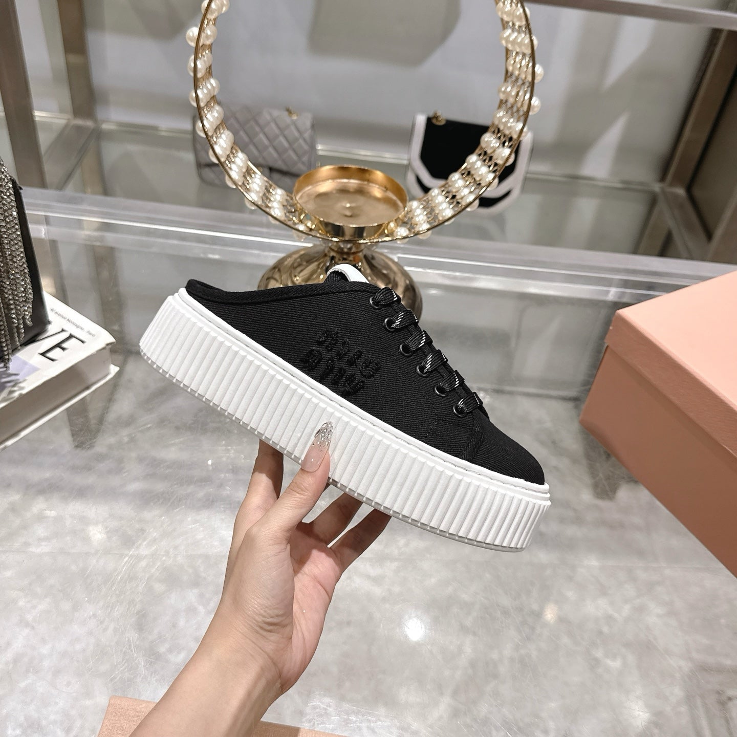 Miu 25C Sneaker Mules Black Demin Fabric 235316