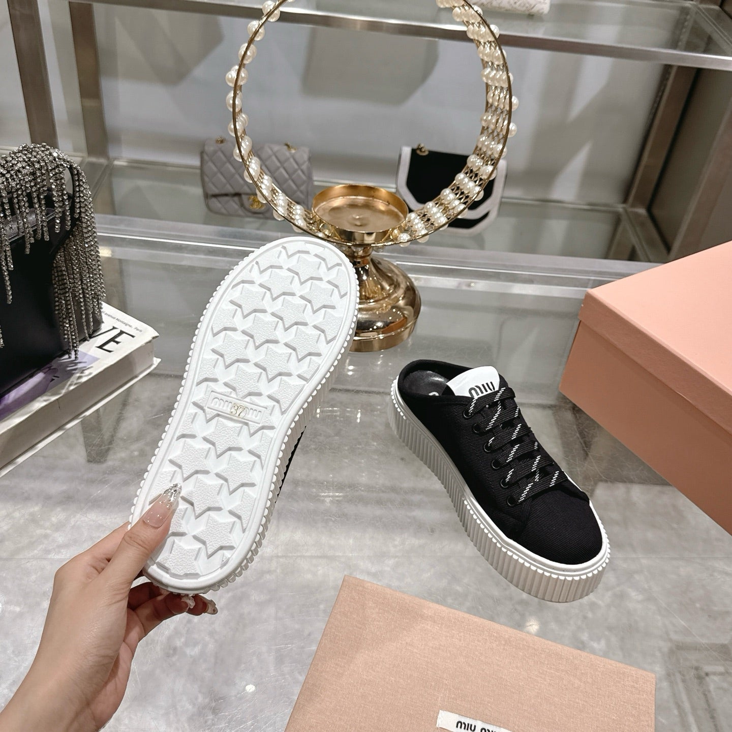 Miu 25C Sneaker Mules Black Demin Fabric 235316