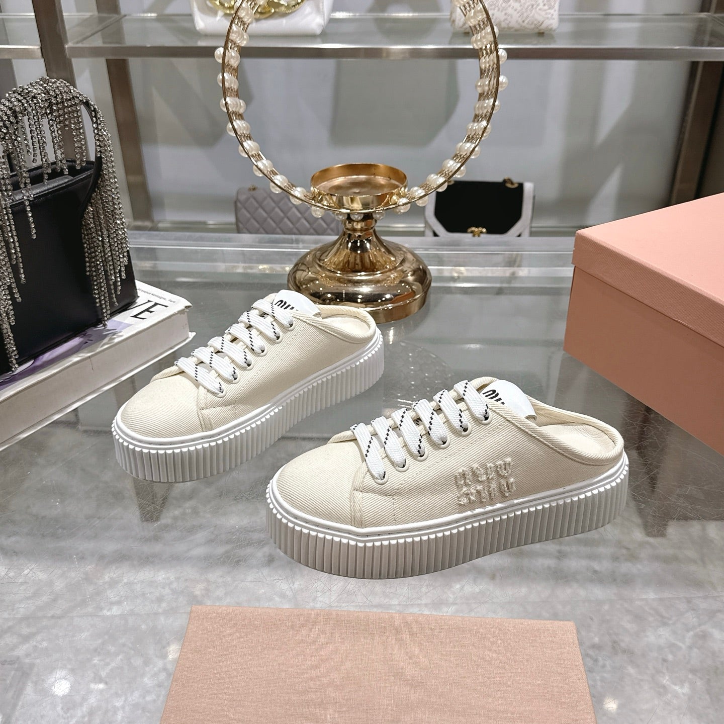 Miu 25C Sneaker Mules Ivory Demin Fabric 235317