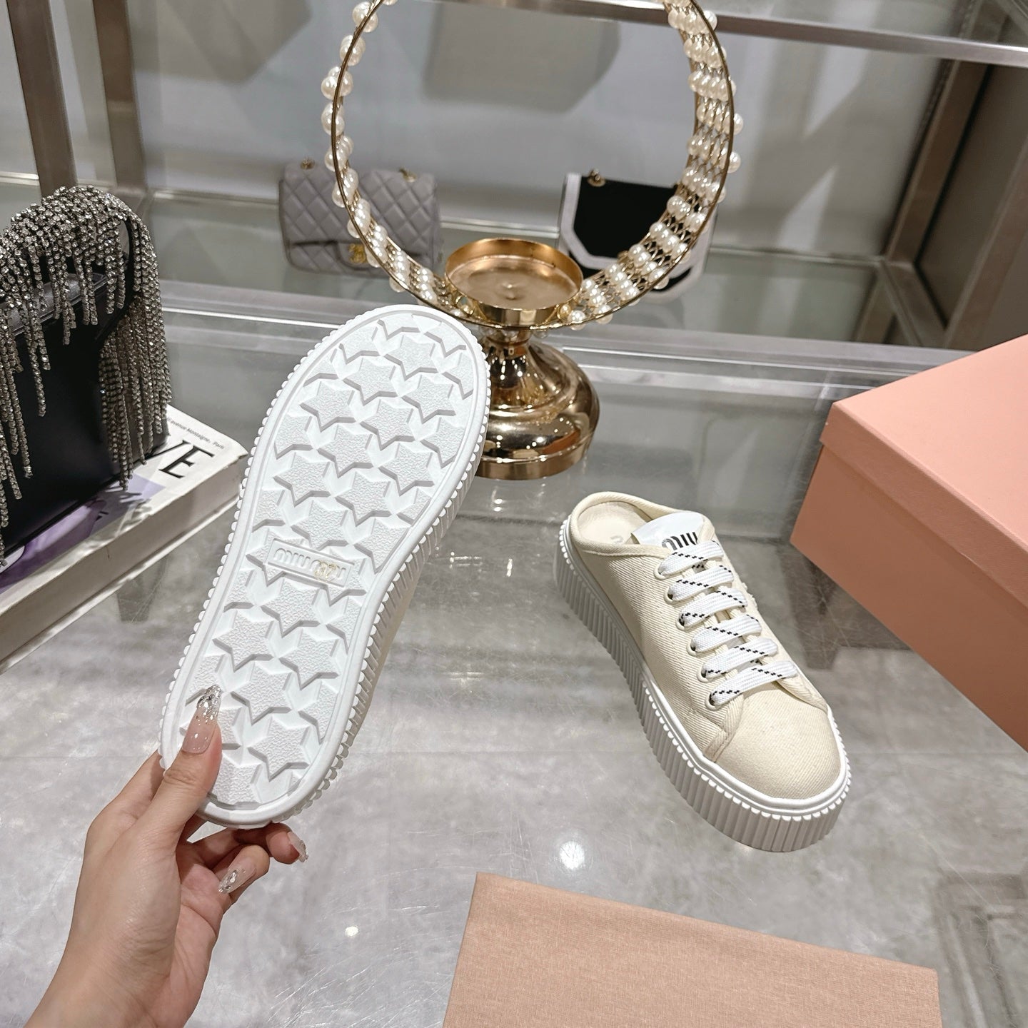 Miu 25C Sneaker Mules Ivory Demin Fabric 235317