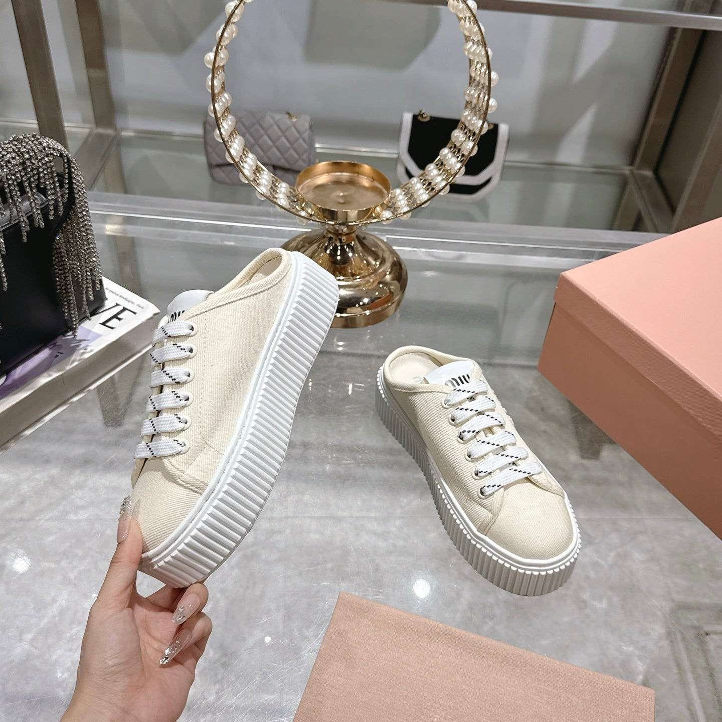 Miu 25C Sneaker Mules Ivory Demin Fabric 235317