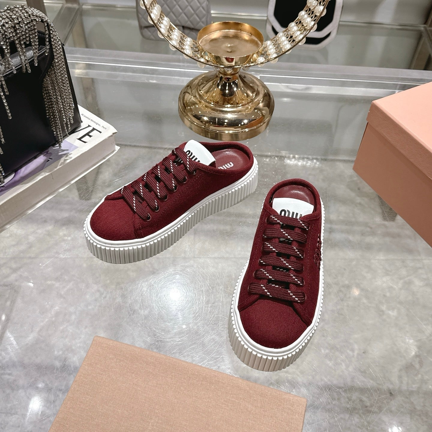 Miu 25C Sneaker Mules Maroon Red Demin Fabric 235318