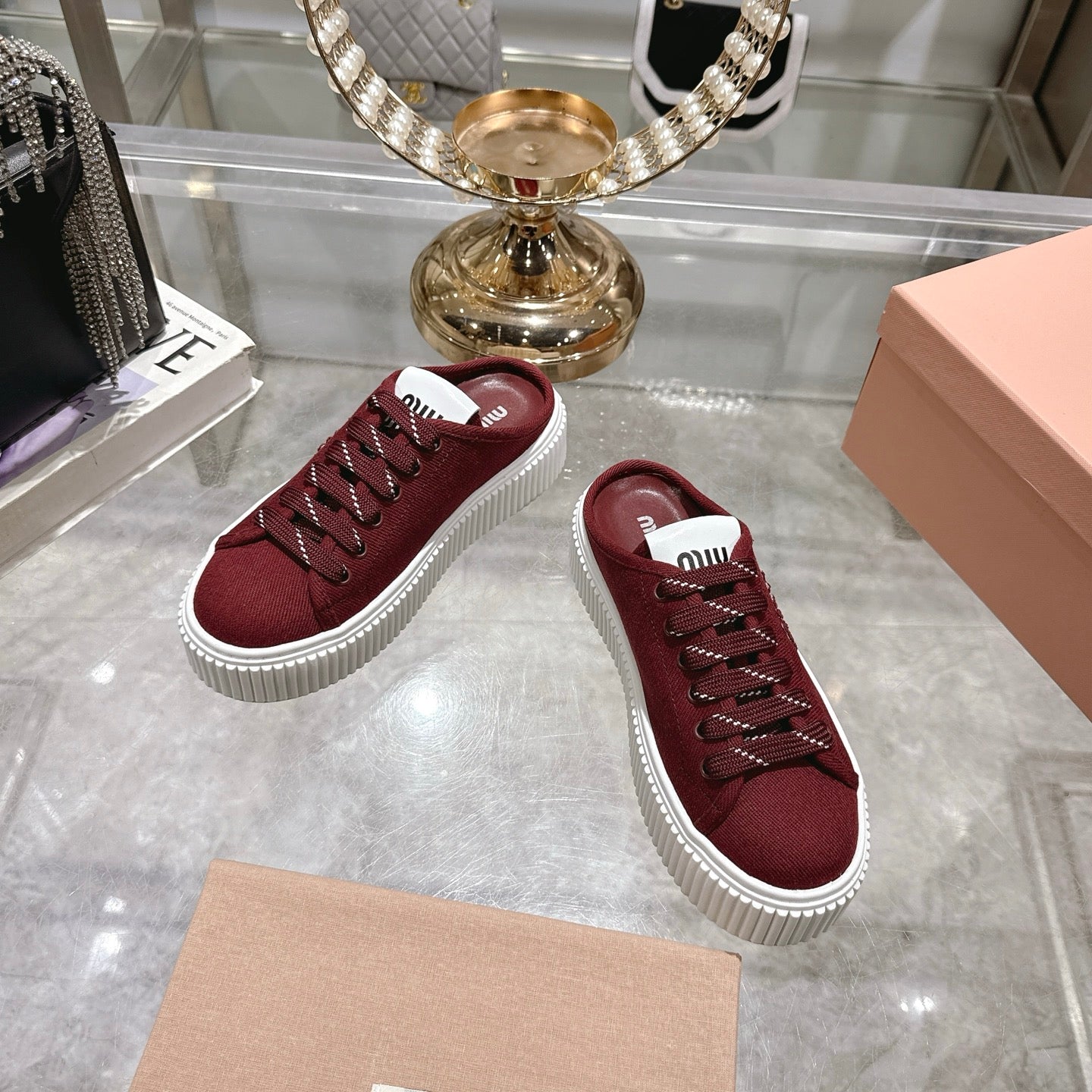 Miu 25C Sneaker Mules Maroon Red Demin Fabric 235318