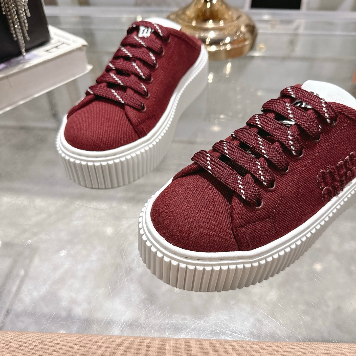 Miu 25C Sneaker Mules Maroon Red Demin Fabric 235318