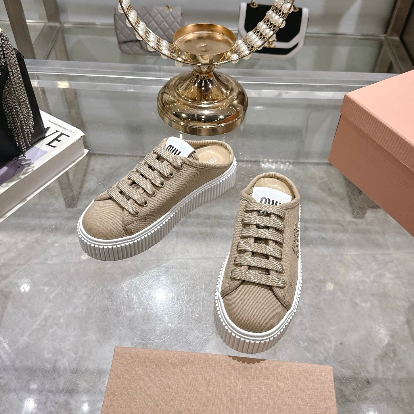 Miu 25C Sneaker Mules Colonial Beige Demin Fabric 235319