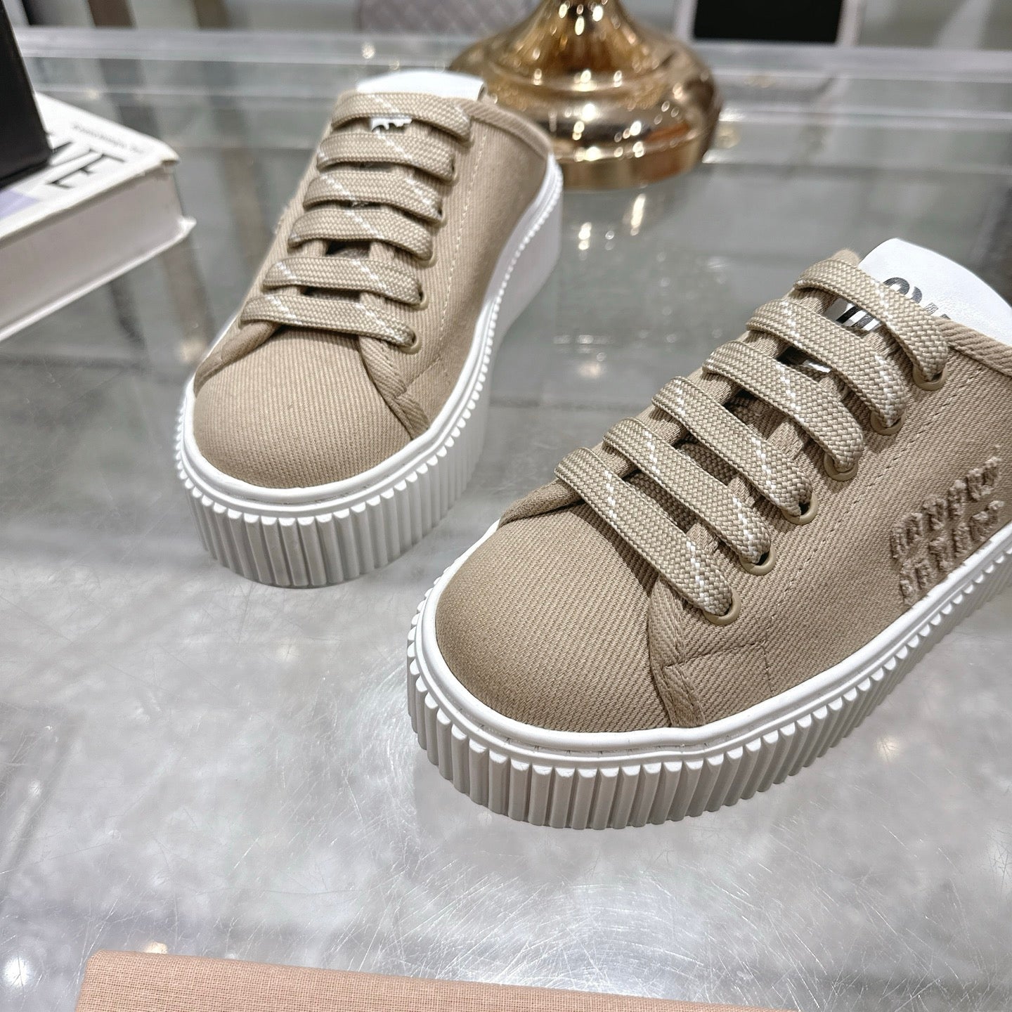 Miu 25C Sneaker Mules Colonial Beige Demin Fabric 235319