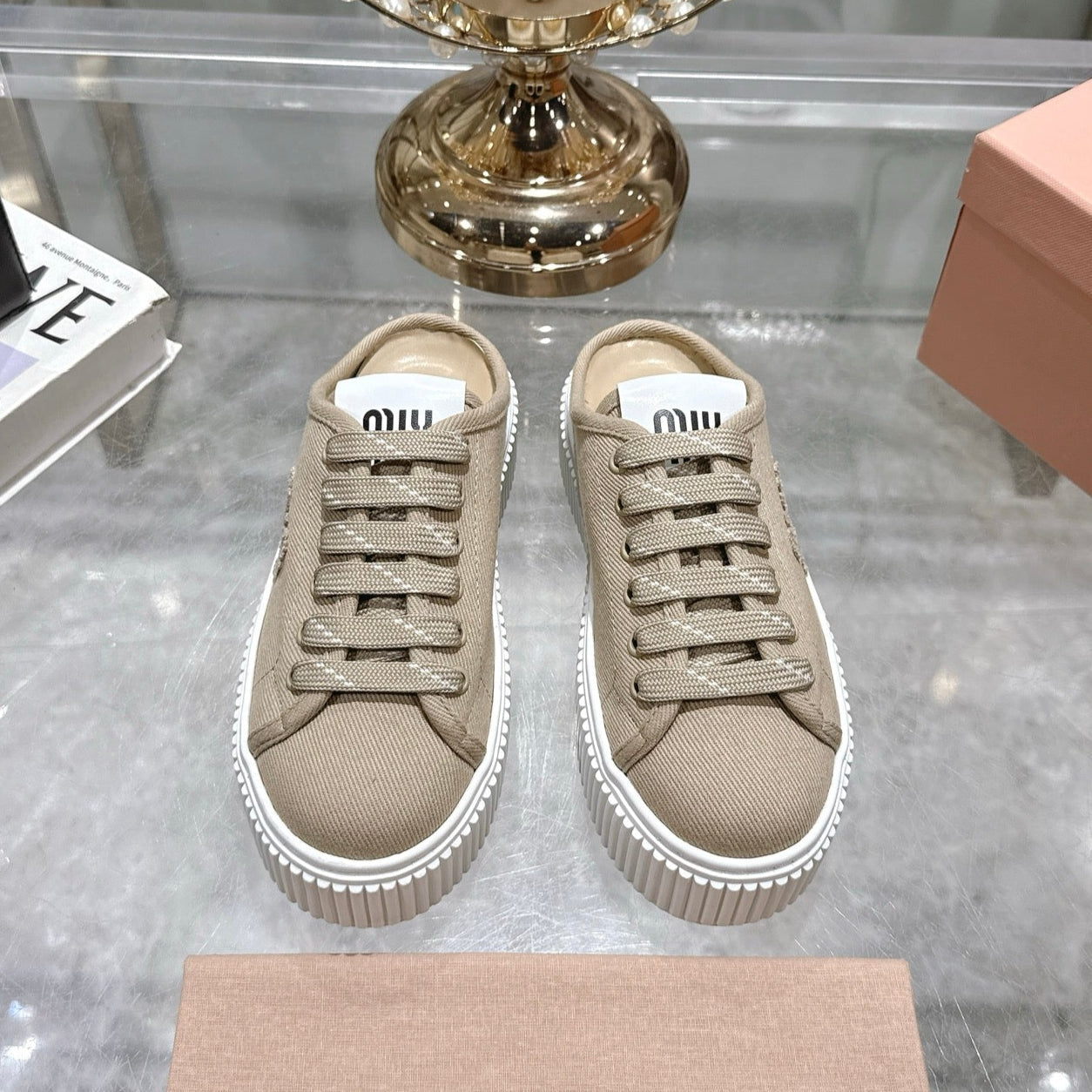 Miu 25C Sneaker Mules Colonial Beige Demin Fabric 235319