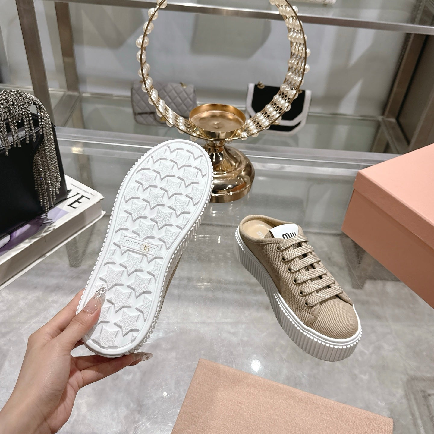 Miu 25C Sneaker Mules Colonial Beige Demin Fabric 235319