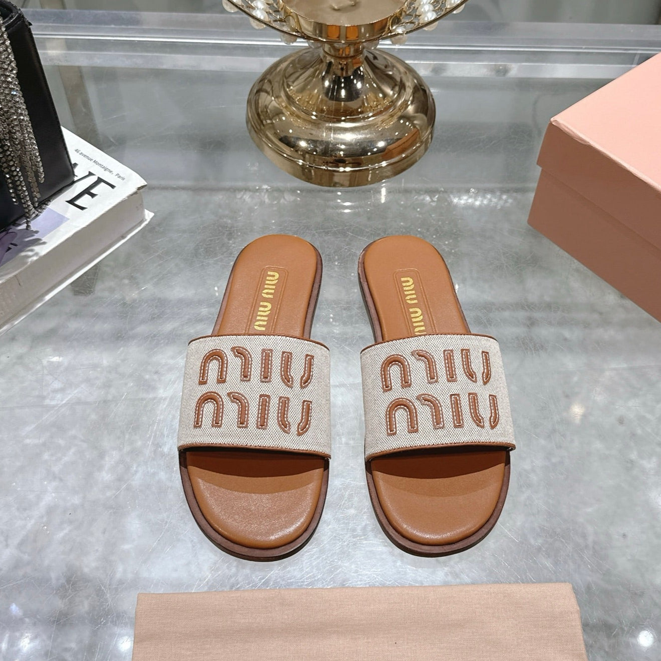 Miu Slippers Brown Leather 235321