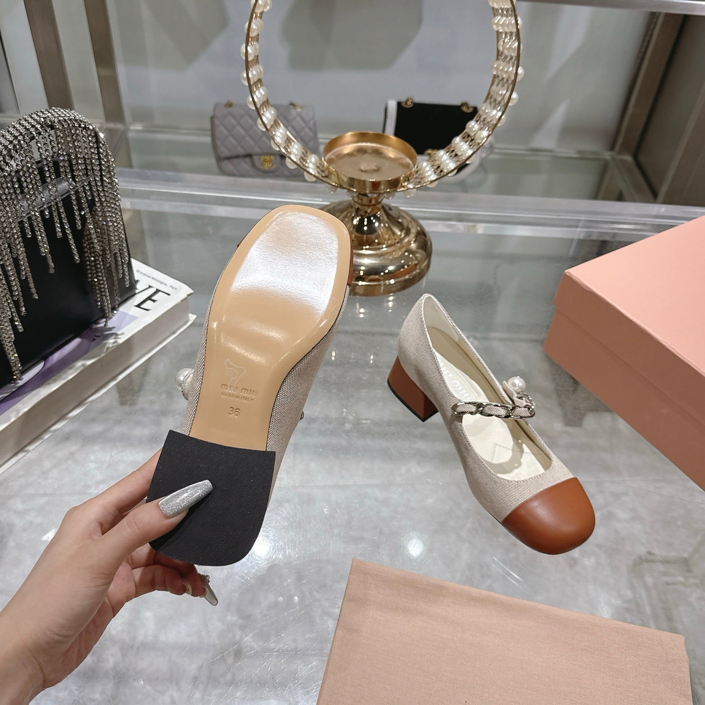 Miu 25C Mary Jane 45MM Beige Cream Mix Brown Fabric 235365