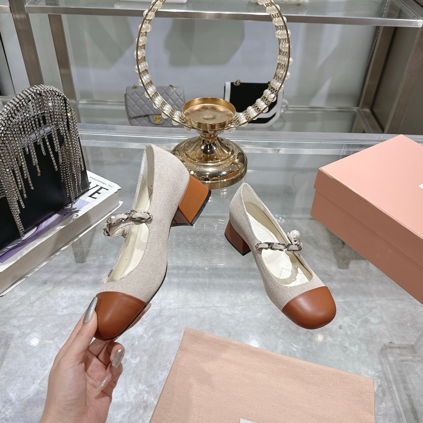 Miu 25C Mary Jane 45MM Beige Cream Mix Brown Fabric 235365