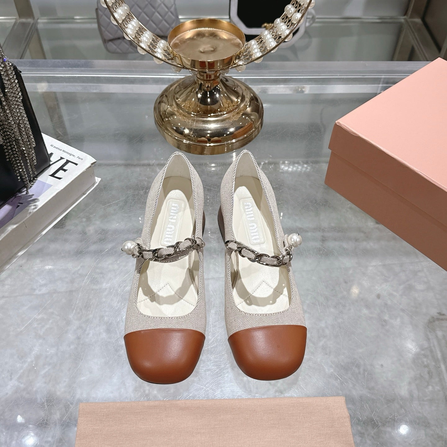 Miu 25C Mary Jane 45MM Beige Cream Mix Brown Fabric 235365